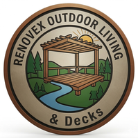 Renovex Outdoor Living & Decks logo with a pergola deck, river, trees, and sun.