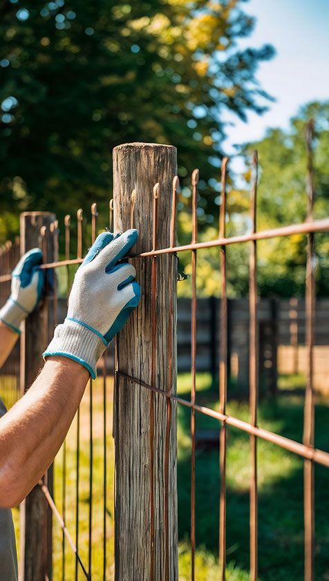 Gloved hands fastening wire fencing to a wooden post outdoors