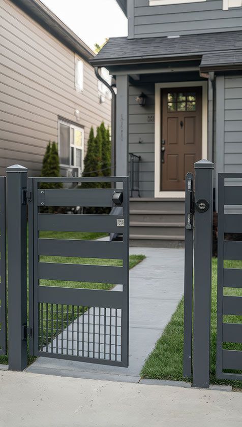 Modern house entrance with gray gate, concrete walkway, and tan front door.