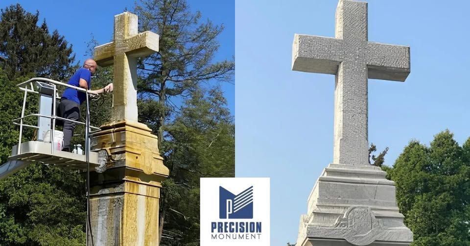 A monument cross being cleaned; before and after cleaning. A worker in a lift cleans the yellowed stone.