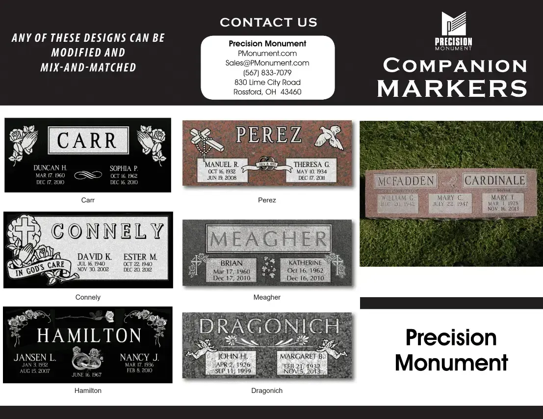 Companion markers advertisement. Features various gravestone designs with names.