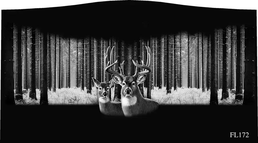 Two deer with antlers in a snowy forest scene, black and white.