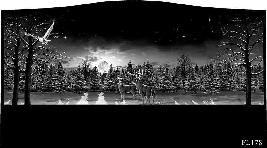 Black and white landscape: deer in a snowy forest at night with an owl flying above.