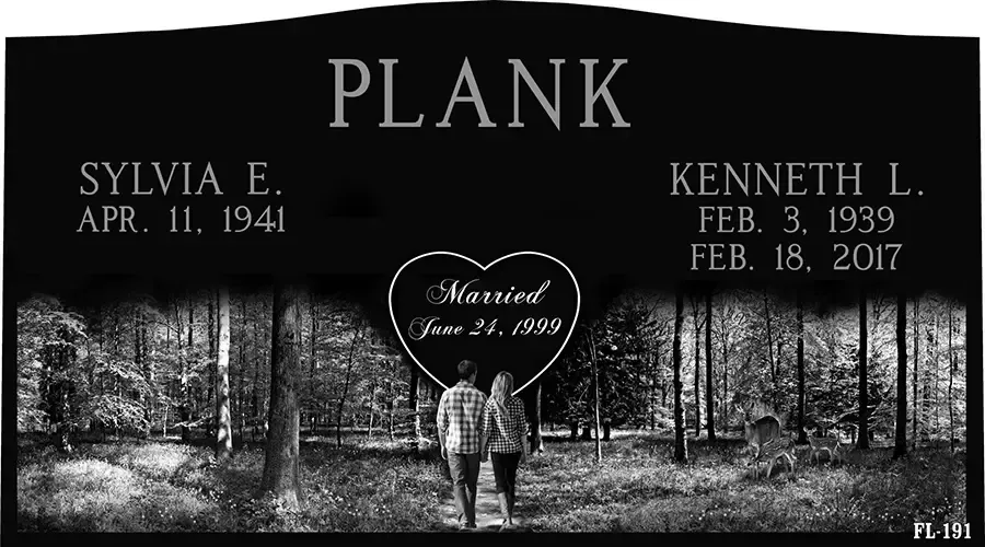Gravestone of Sylvia E. and Kenneth L. Plank, with their dates of birth, death, and marriage, and an image of a couple.