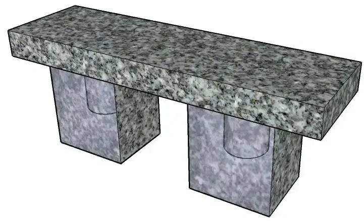 Granite bench with a gray speckled seat and two square support legs, each with a curved indentation.