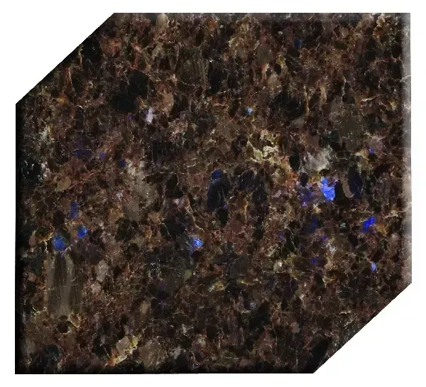 Dark brown granite with blue and white flecks.