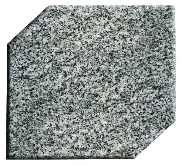 Gray granite tile with white, gray, and black speckles, cut with angled corners.