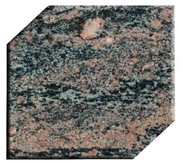 Close-up of a cut stone, showing a mix of pink, gray, and black minerals in a natural, swirled pattern.