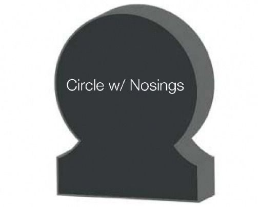 Black sign, circular top and rectangular base with curved side indents; text