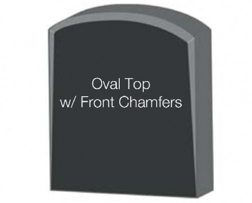 Dark grey, block-shaped object with oval top, front chamfers, and text