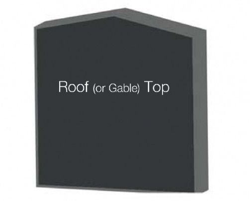 A dark gray structure with a roof-shaped top, labeled