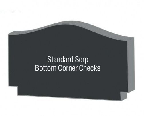 Black headstone with wavy top and bottom corner cutouts, text: