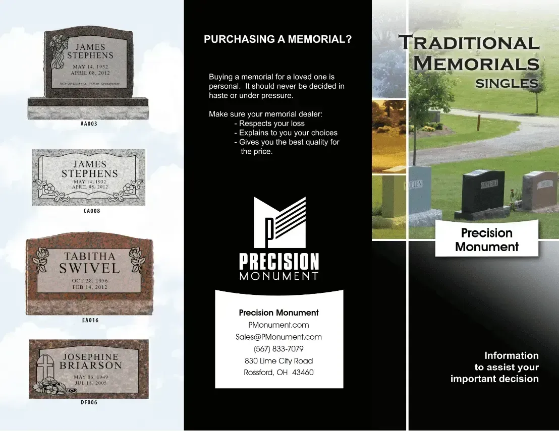 Brochure showing traditional memorials and Precision Monument logo.