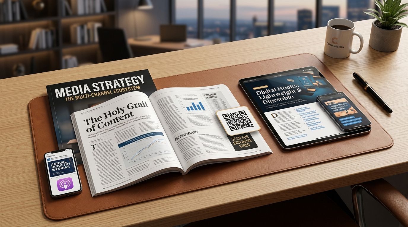 A premium printed magazine titled 'Media Strategy' lies open on a professional desk