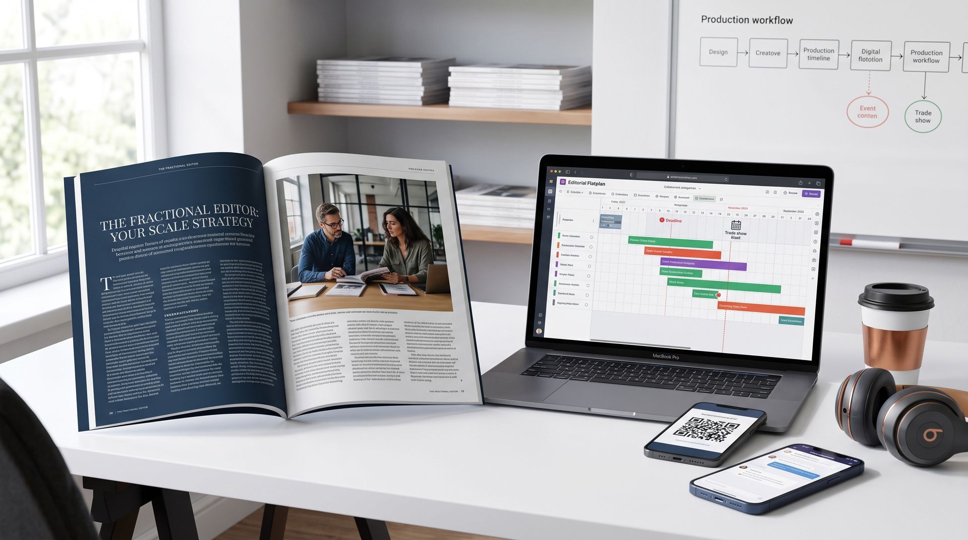 A  view of a modern office desk featuring a magazine, laptop, and smartphones