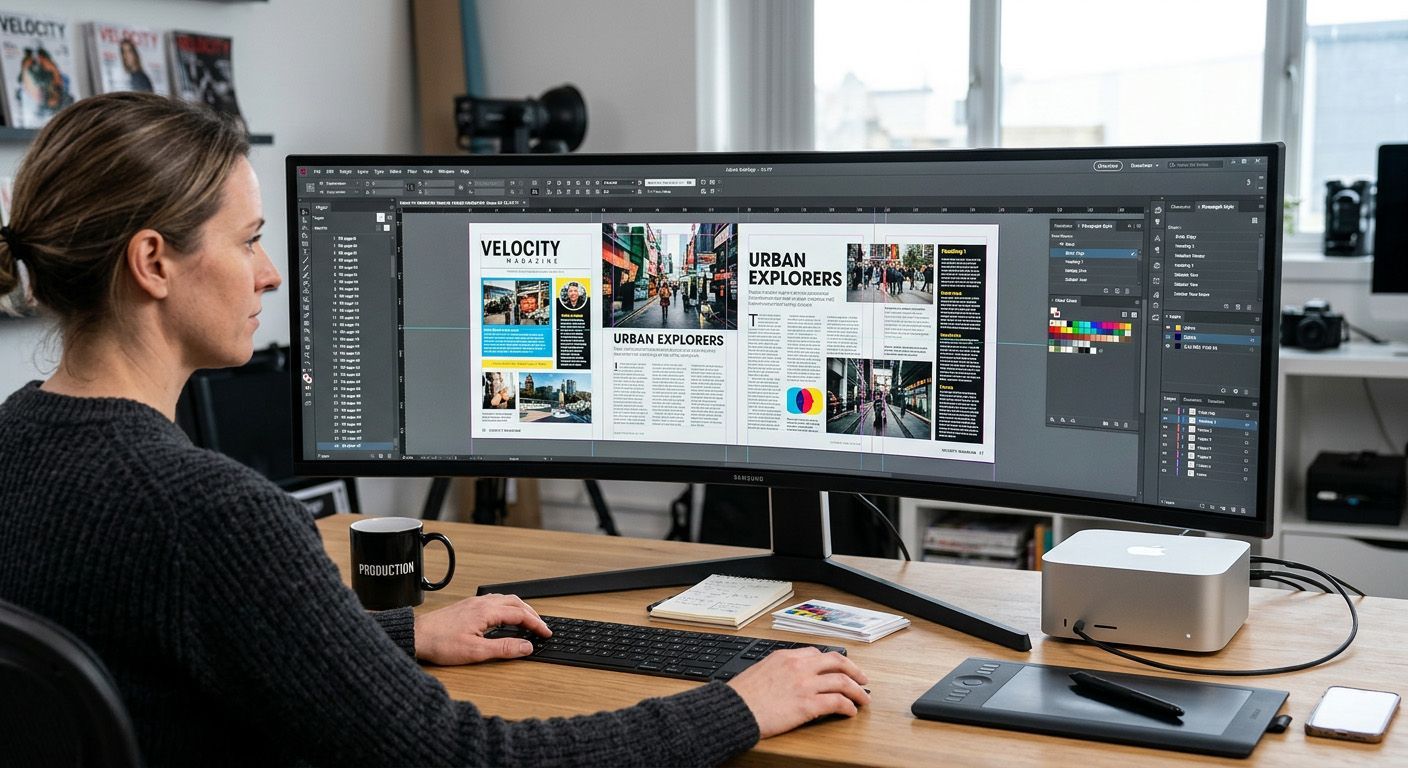 A production artist managing a magazine layout, style sheets, on an ultra-wide screen and Mac Studio