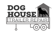 Dog House Trailer Repair logo with black dog silhouette inside a gray doghouse and trailer icon