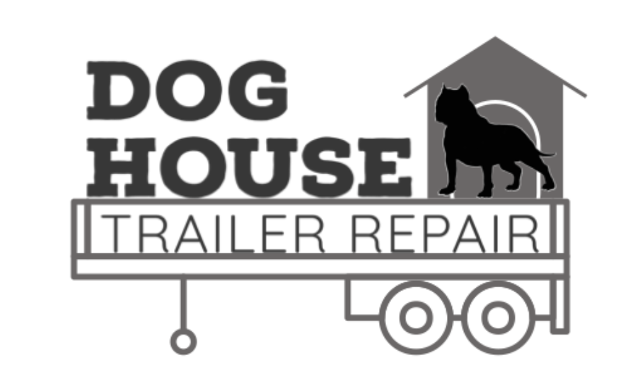 Dog House Trailer Repair logo with black dog silhouette inside a gray doghouse and trailer icon