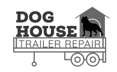 Dog House Trailer Repair logo with black dog silhouette inside a gray doghouse and trailer icon