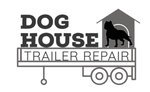 Dog House Trailer Repair logo with black dog silhouette inside a gray doghouse and trailer icon