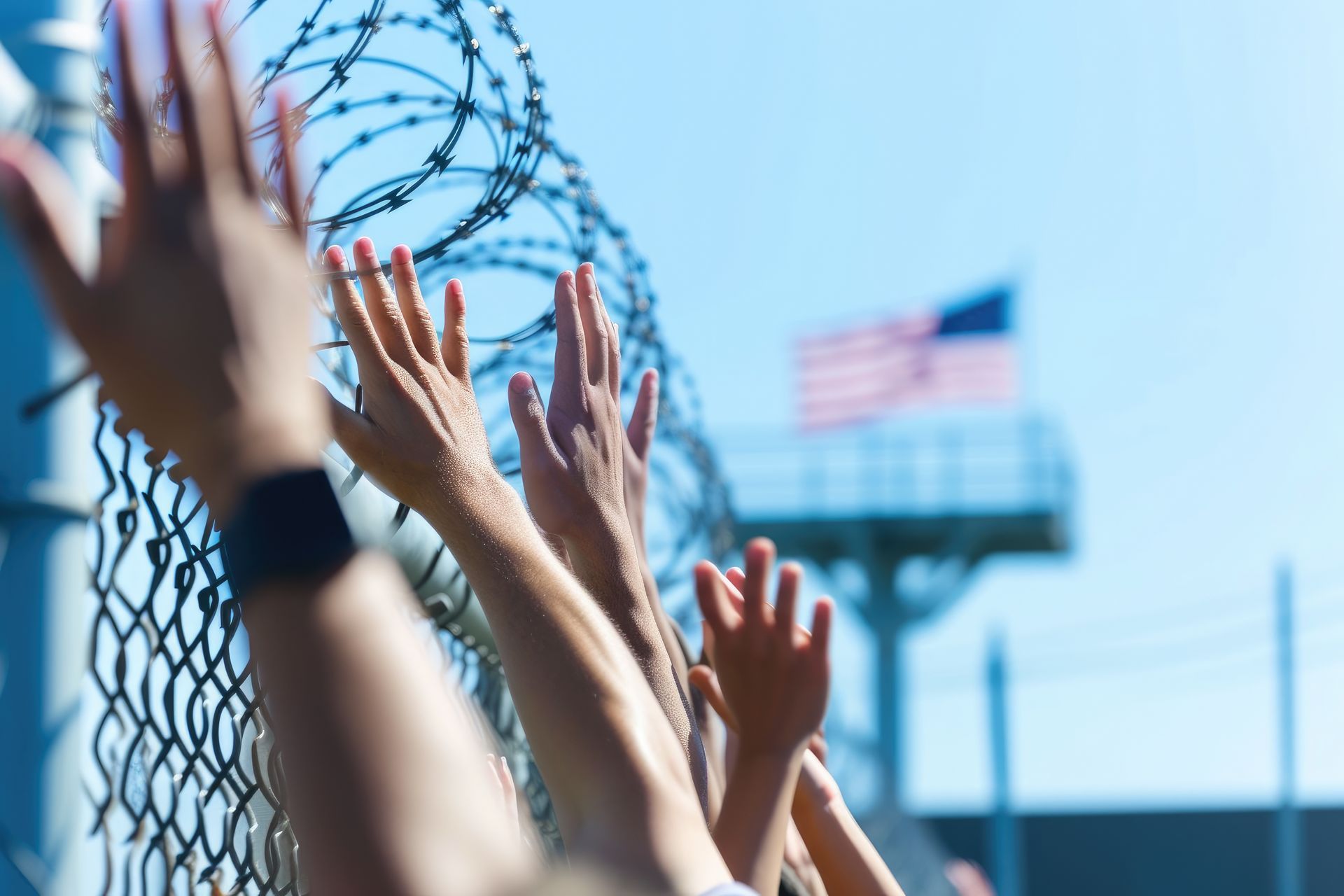 Hands reach toward barbed wire fence, U.S. flag in background.