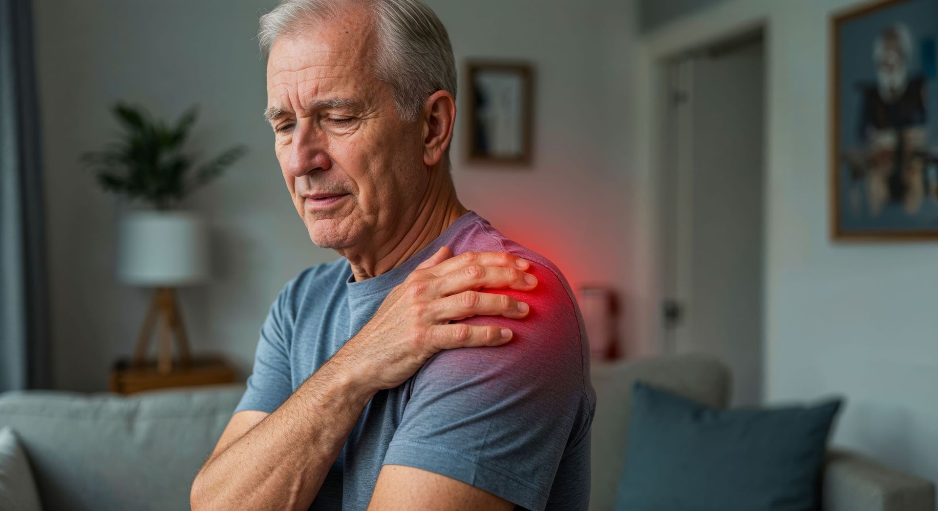 Man clutching his shoulder in pain, with a red highlighted area indicating injury or inflammation