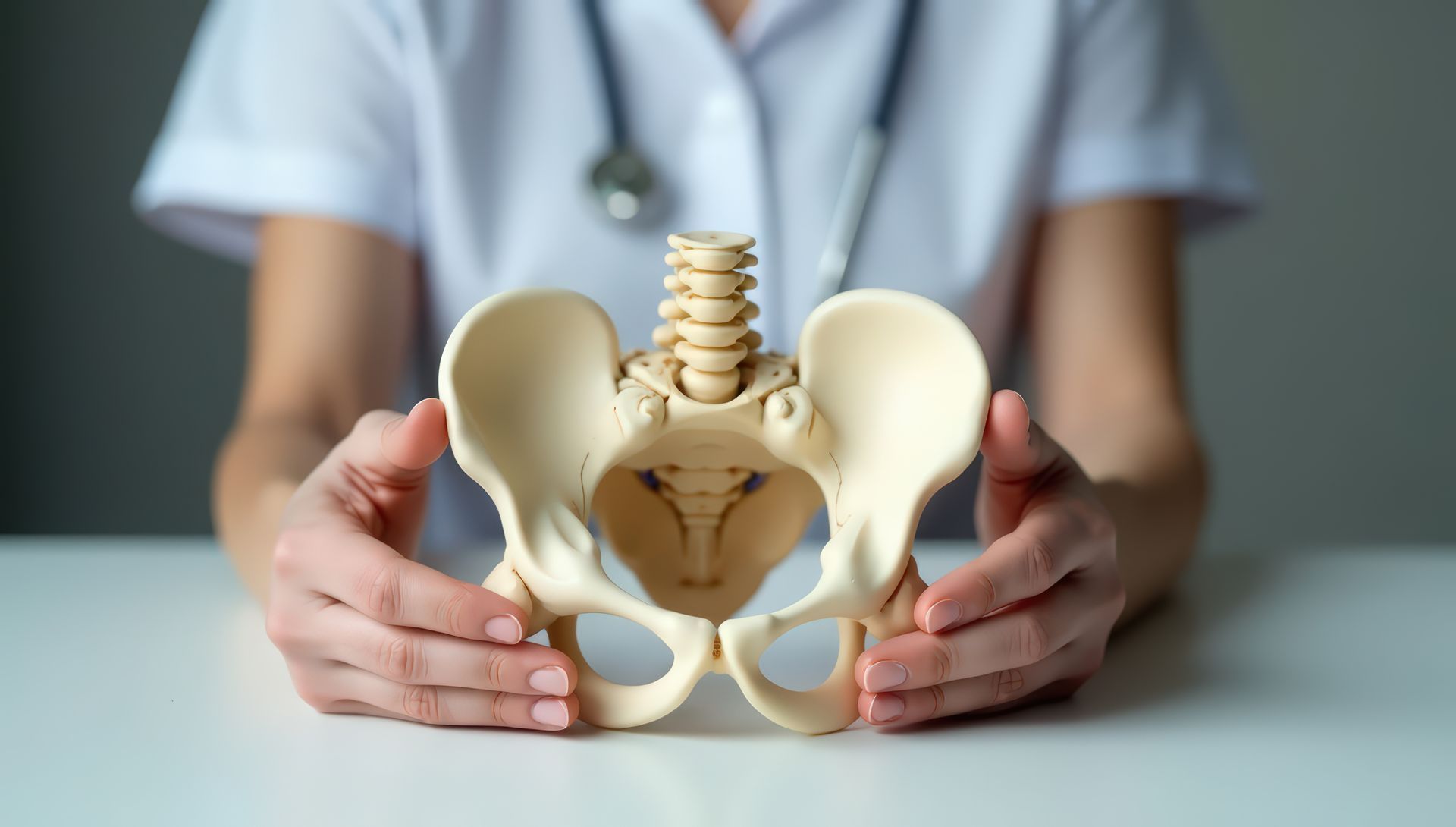 Person in white coat holding a pelvis model on a table