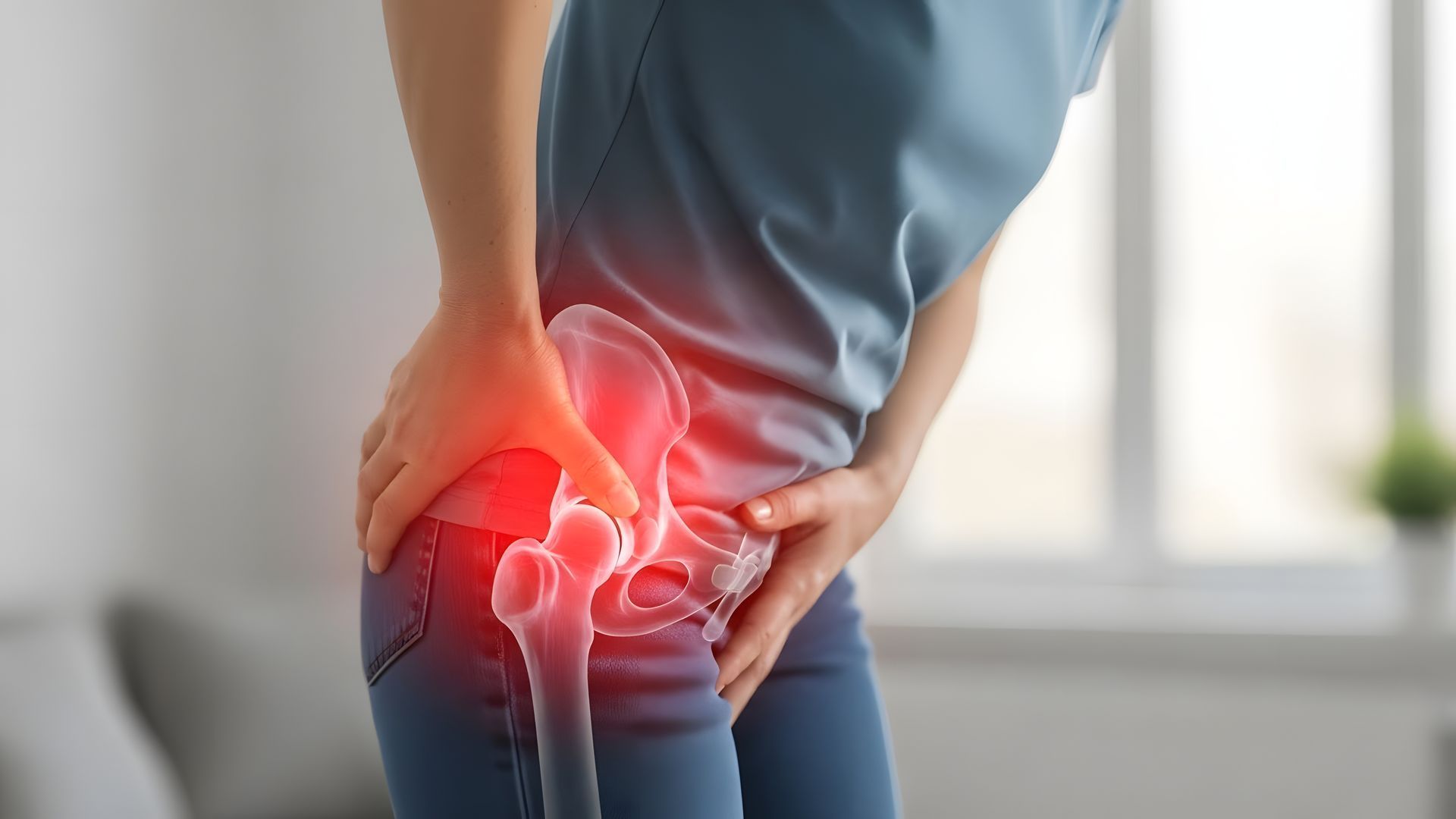 Person holding hip with red glow indicating pain or injury