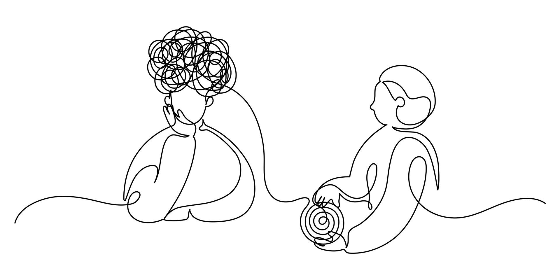 Twee figuren verbonden door een lijn: de ene met verward hoofd, de andere met een spiraal in de hand, wat duidt op therapie of begeleiding.