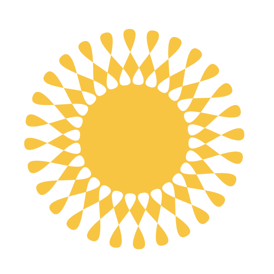 Icono amarillo con forma de sol radiante, centro circular y rayos radiantes en forma de lágrima.