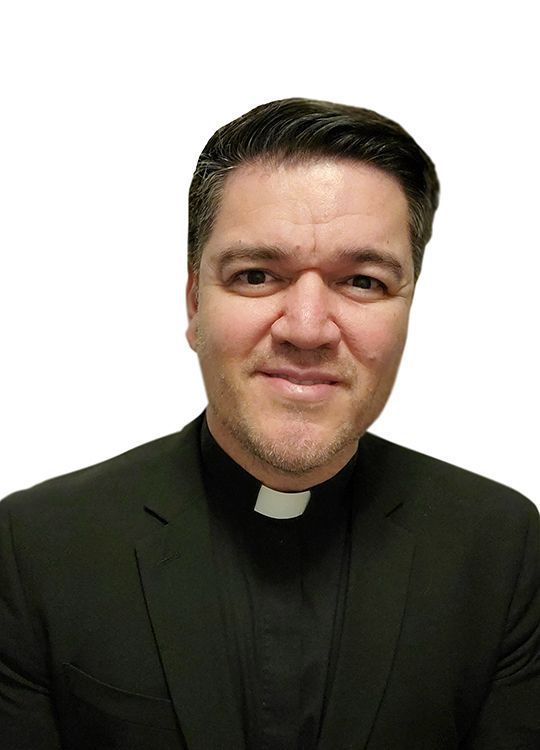 Gray silhouette of a person wearing a clerical collar on a light background