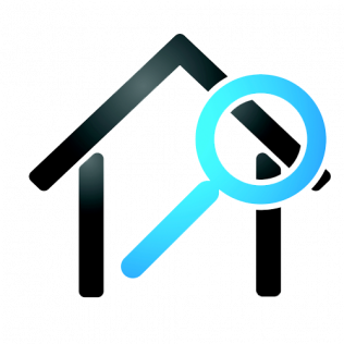 Black house outline with a blue magnifying glass over the roof and a small exclamation mark
