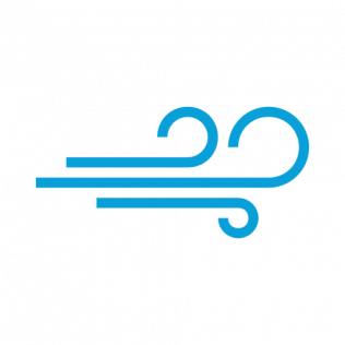 Blue wind icon with three horizontal gust lines on a white background