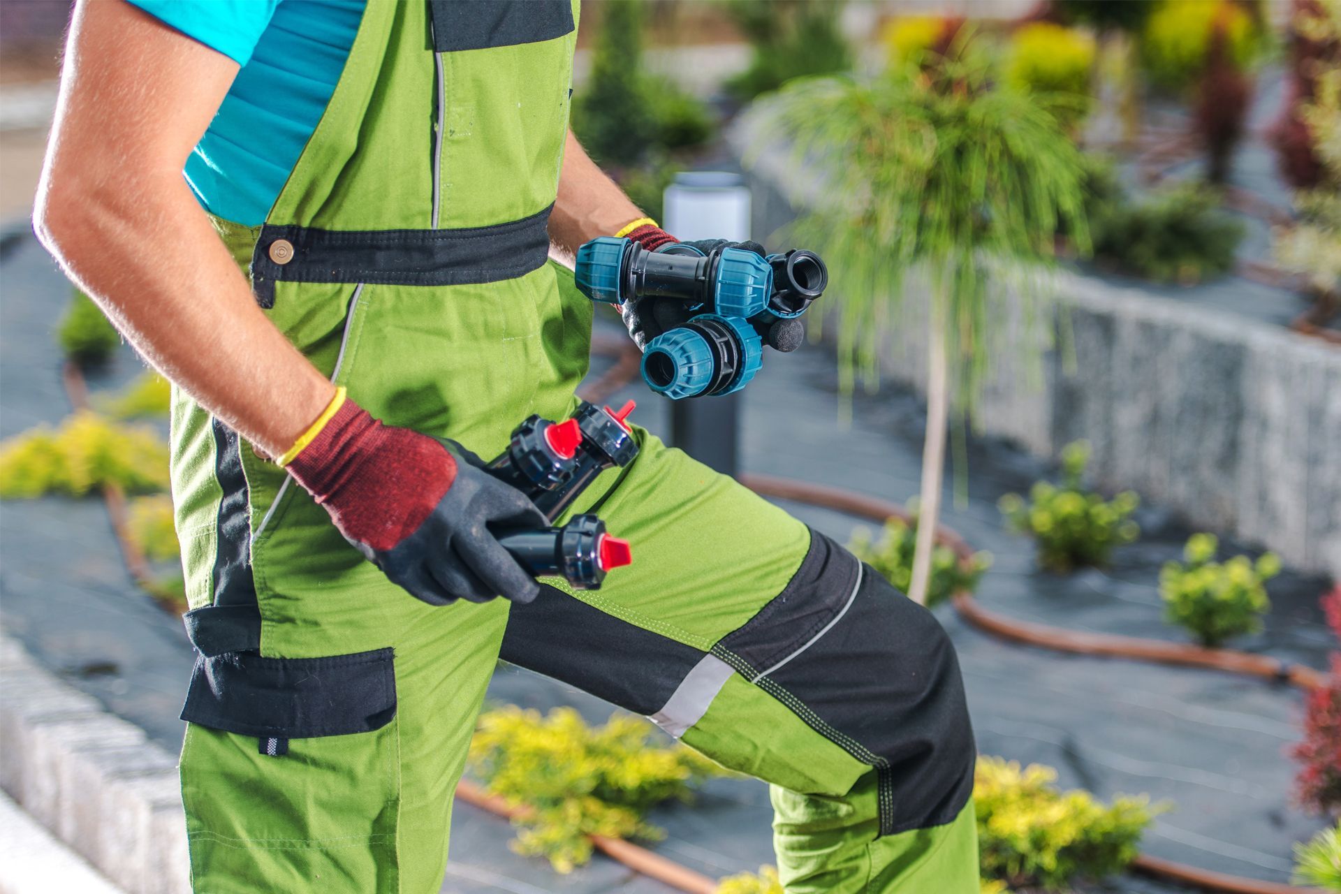Gardener Holding Connectors and Sprinklers