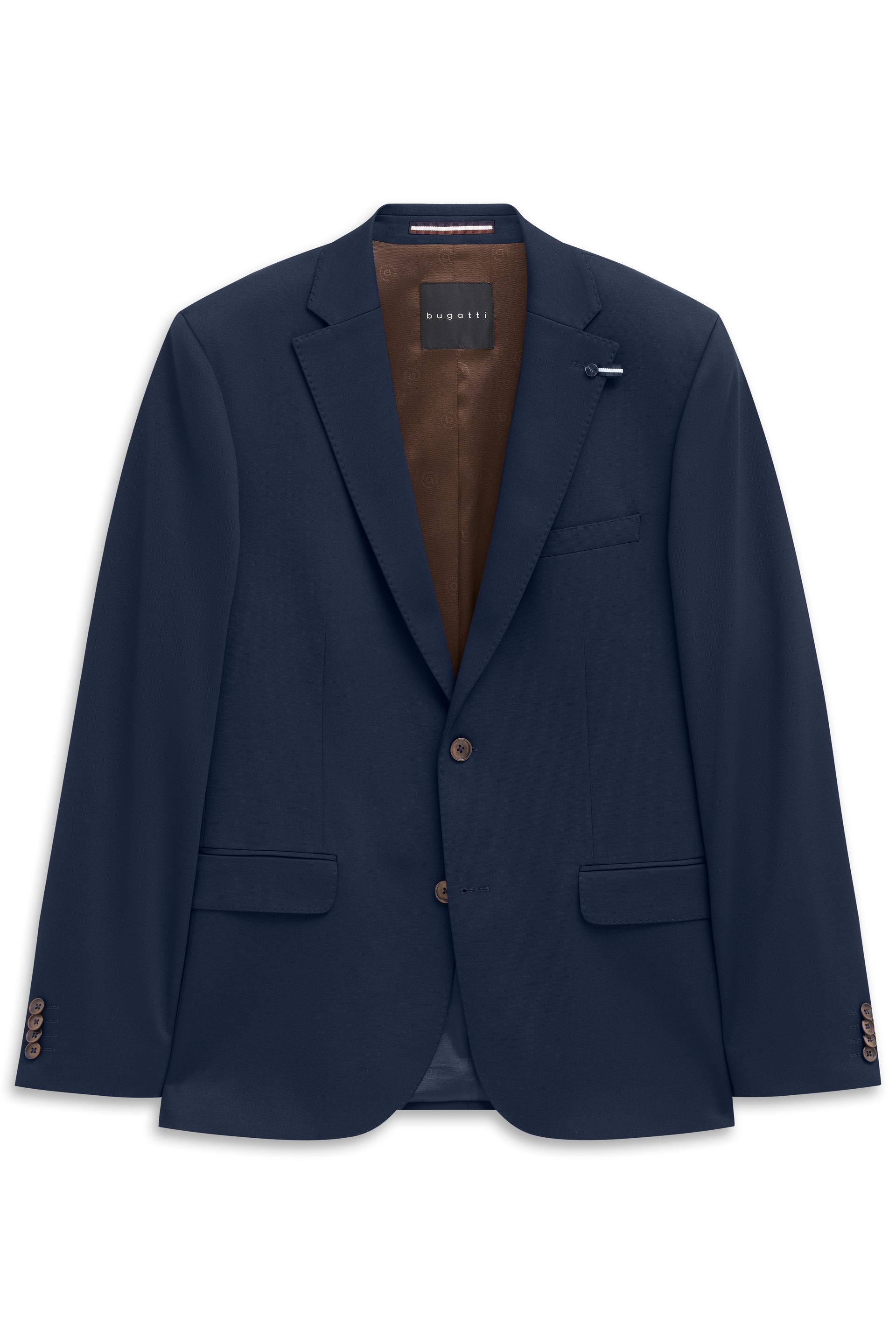 Una giacca blu con fodera marrone su sfondo bianco.