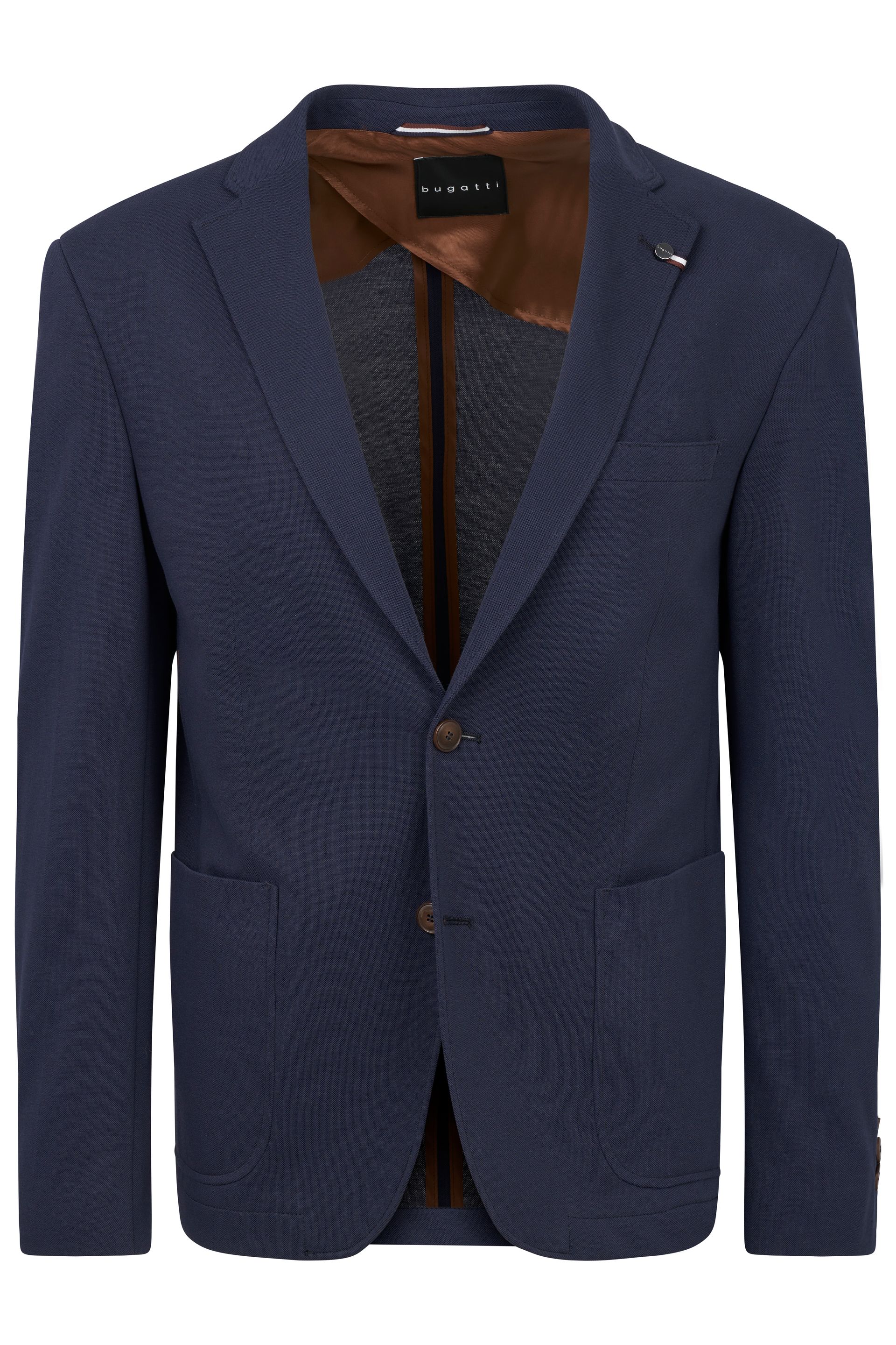 Una giacca blu con fodera marrone su sfondo bianco.