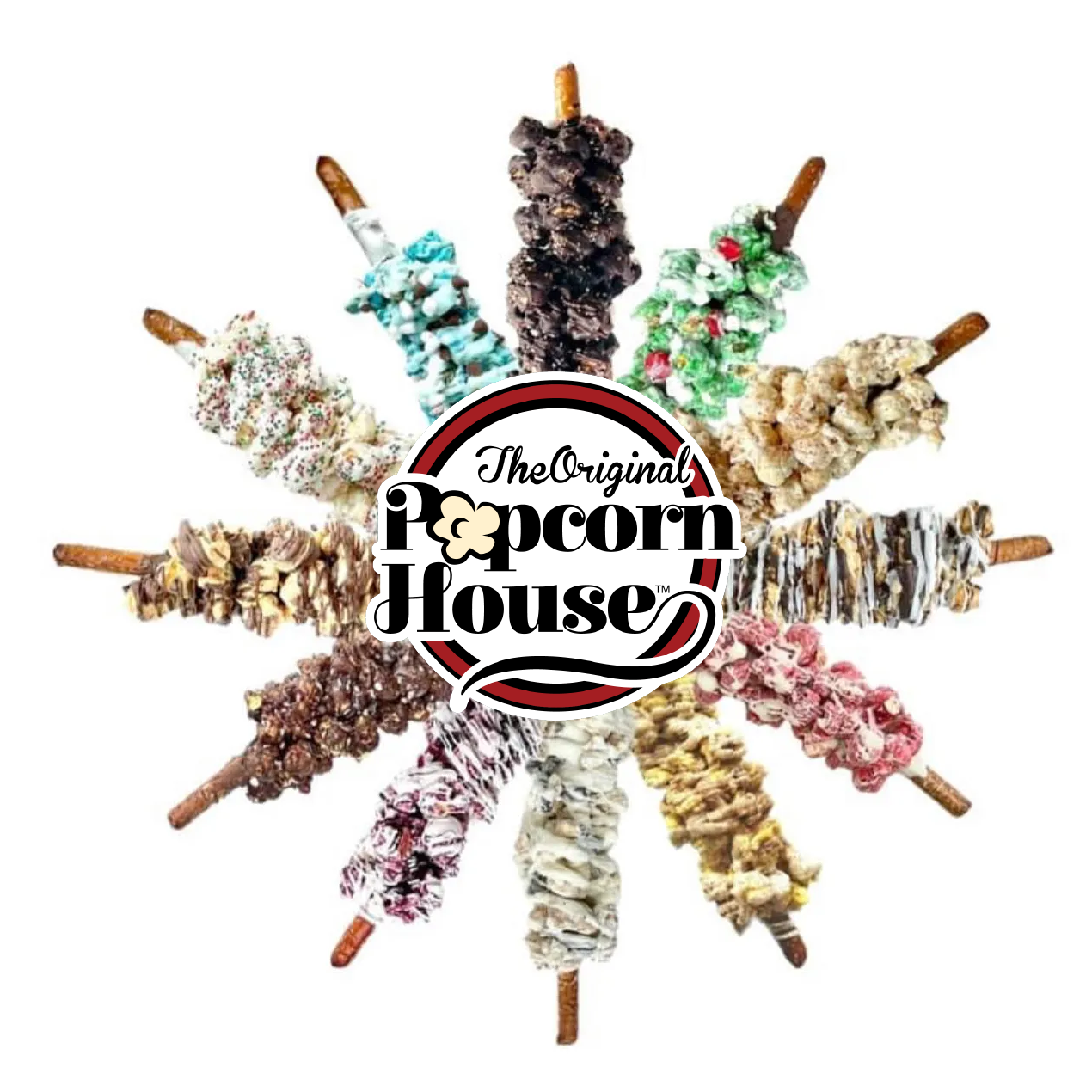 a circle of pretzels with a label that says the original popcorn house
