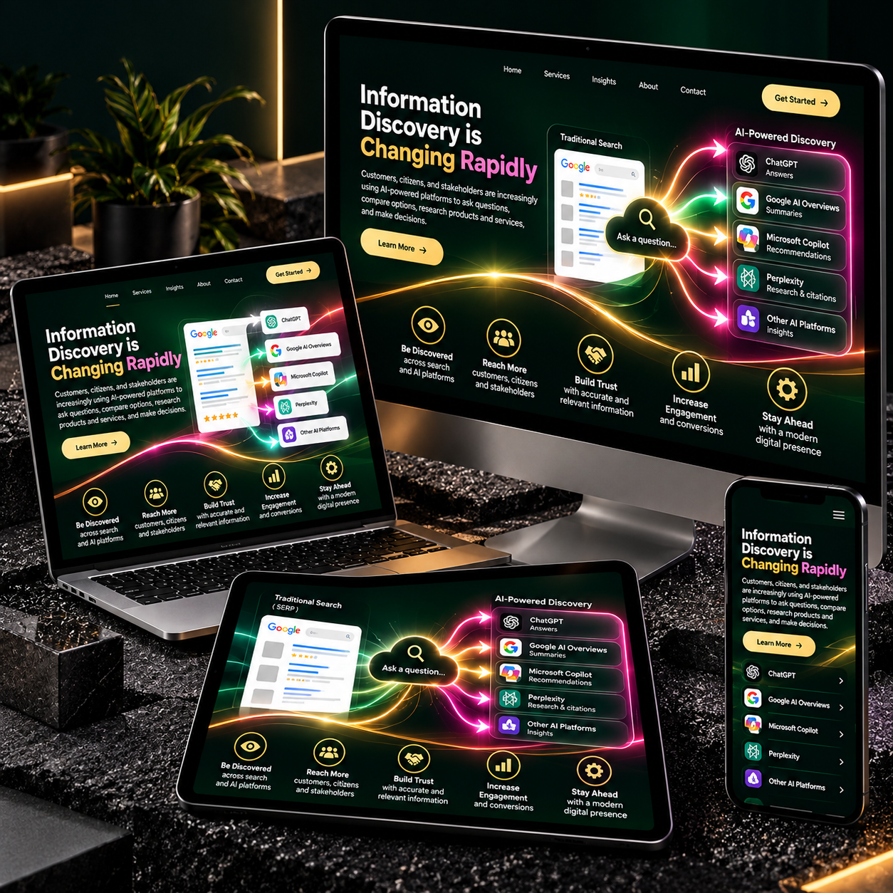 Modern dark-themed website mockups on laptop, tablet, and phone with neon glowing graphics and analytics panels