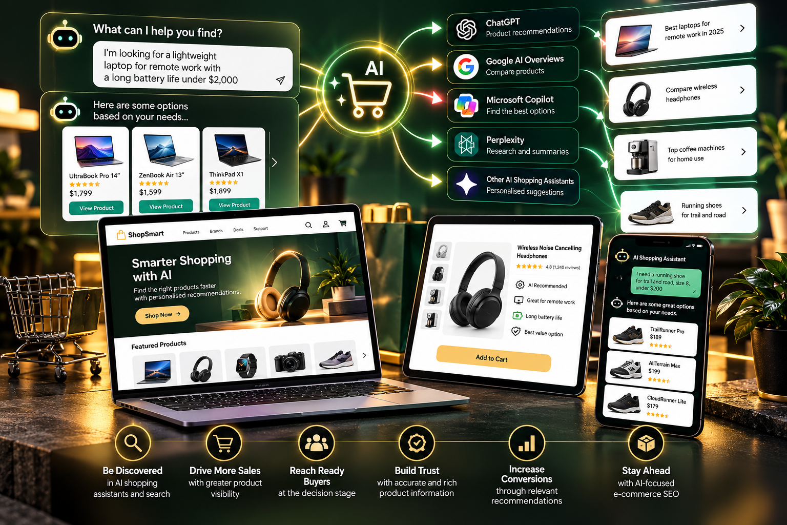 E-commerce website dashboard mockup with product cards, search icons, and shopping cart on a dark gold background