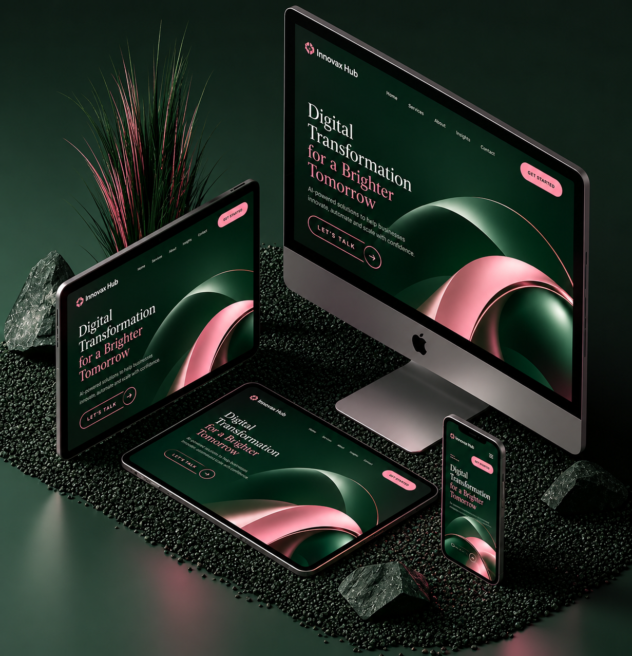 Dark green and pink responsive website mockup on desktop, laptop, tablet, and phone screens