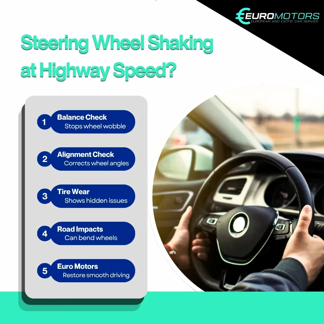 Car dashboard and steering wheel with infographic: “Steering Wheel Shaking at Highway Speed?” and likely causes.