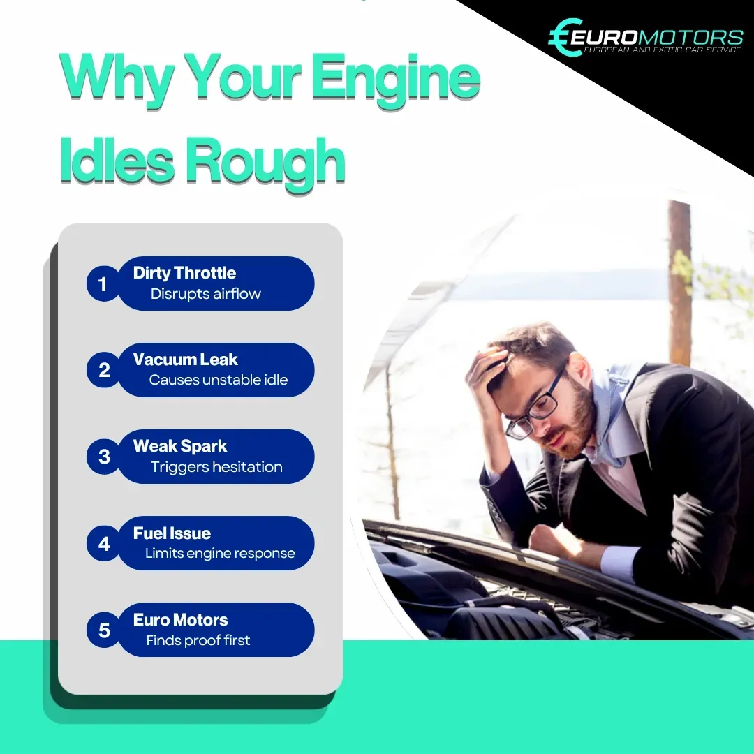 Car service ad: man inspects engine with “Why Your Engine Idles Rough” and a list of five causes.