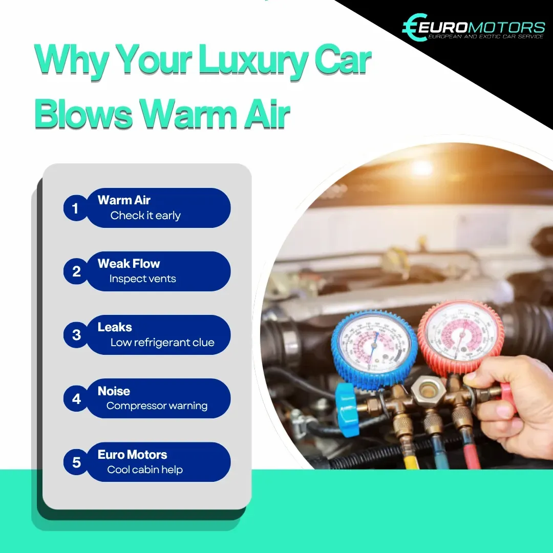 Graphic about warm air from a luxury car, with AC gauge photo and checklist of possible causes.