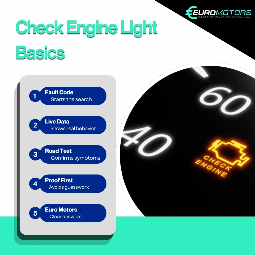 Graphic titled “Check Engine Light Basics” with dashboard warning light and five-step list for diagnosing fault codes.