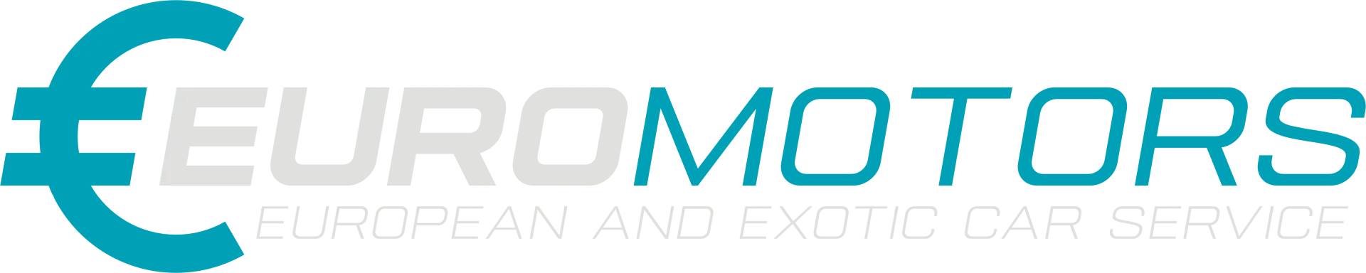 Turquoise euro symbol and “MOTORS” logo on white background