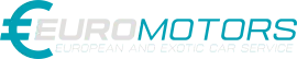 Turquoise euro symbol and “MOTORS” logo on white background