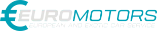 Turquoise euro symbol and “MOTORS” logo on white background