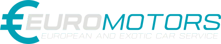 Turquoise euro symbol and “MOTORS” logo on white background