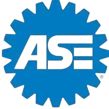 Blue gear-shaped ASE logo with white letters