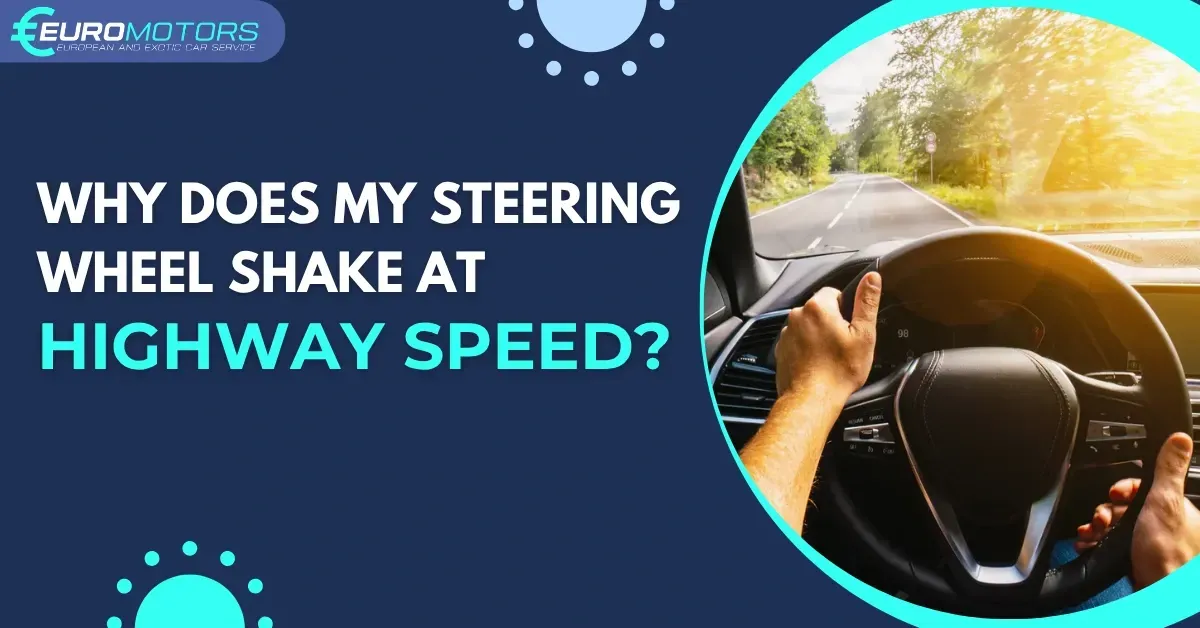 Steering wheel shaking at high speed with hands on wheel, against a blue infographic background